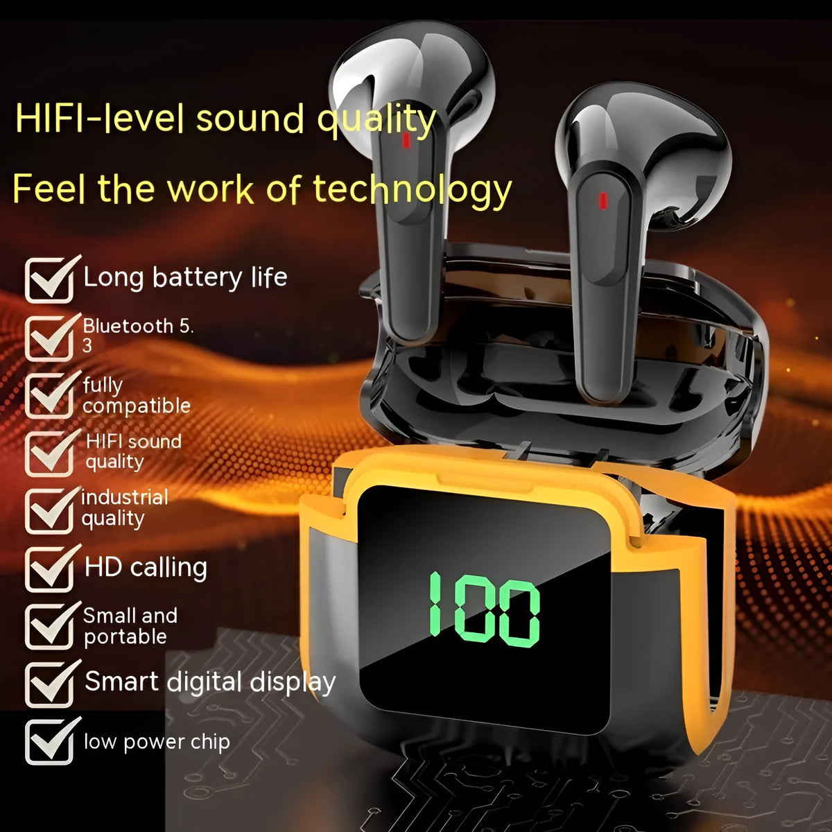 Pro90 Black wireless binaural Bluetooth headset with smart digital display, noise reduction and plastic earplug body