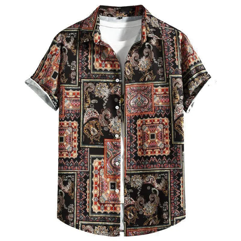 Men's slim fit Hawaiian shirt with short sleeves in digital print pattern