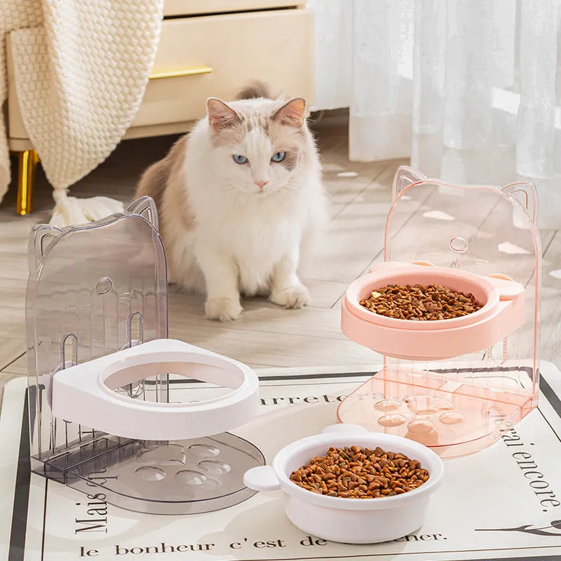 Grey anti-spill cat feeding bowl with neck protection and adjustable height mechanism