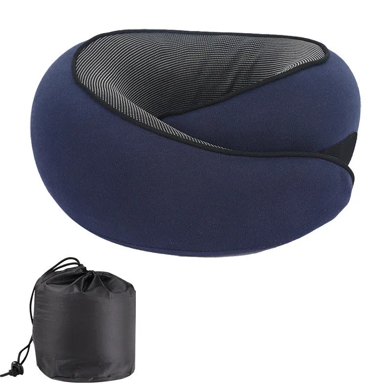 U-shaped memory foam travel neck pillow in a buggy bag colour with storage bag