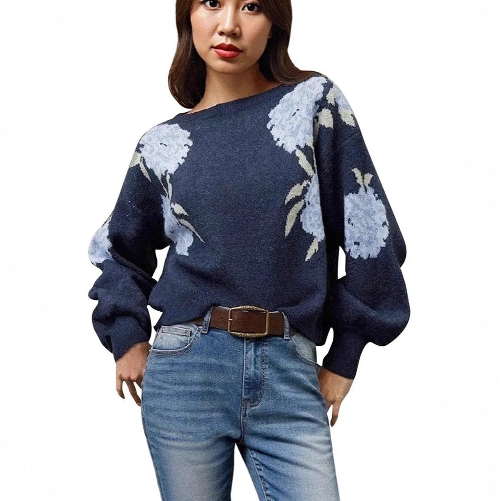 Sapphire blue women's loose pullover with woven floral jacquard pattern and off-neck design.