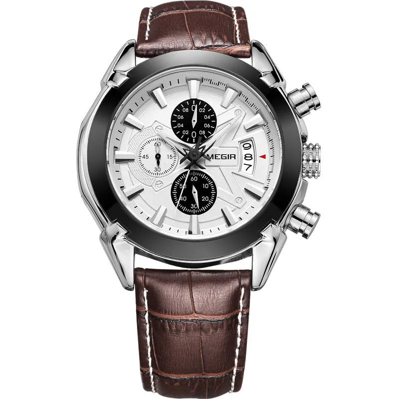 Men's brown and white dial quartz chronograph watch with three sub-dials and luminous markers