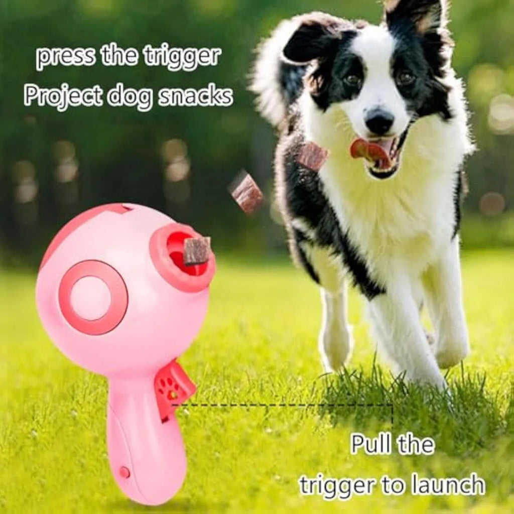 Green, orange, and pink coloured dog treat launcher toy with food dispenser