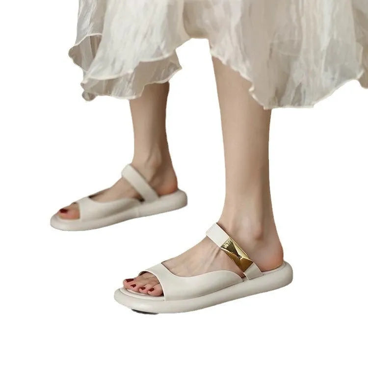 Apricot and white peep toe flat platform sandals with soft leather French design for outdoor casual wear