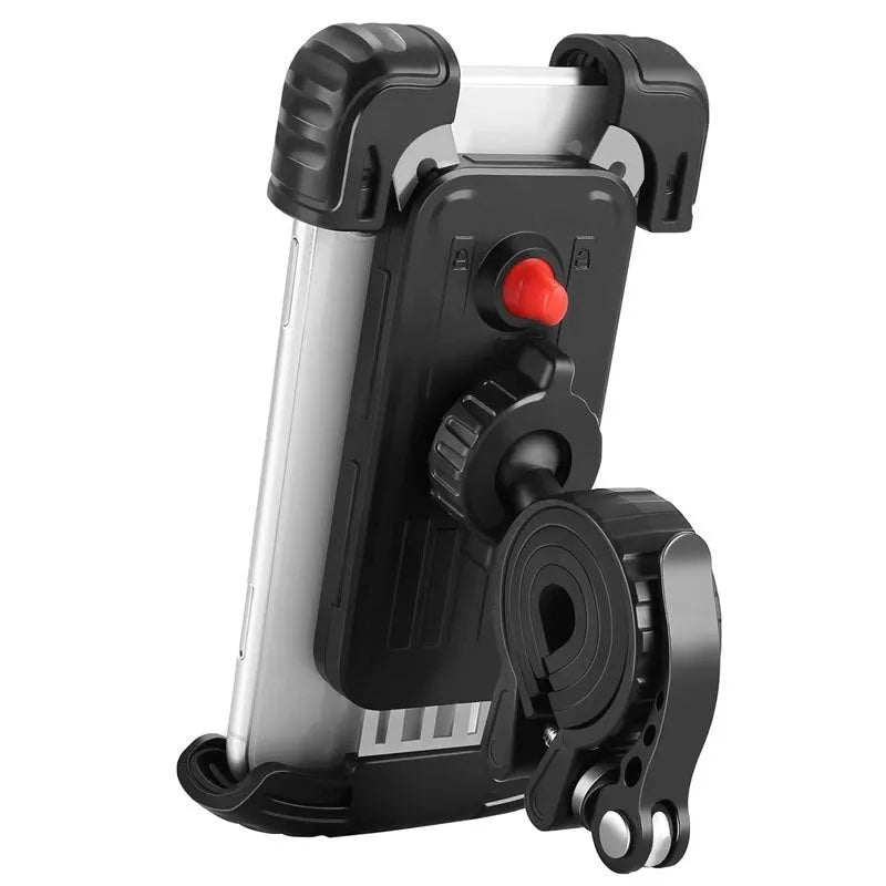 Black stainless steel and ABS phone navigation bracket for mountain bike and electric vehicle, 18.5 x 9.8 x 6.2cm.