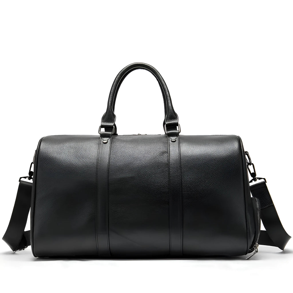 Men's black leather tote bag with single strap showing 44cm length measurement