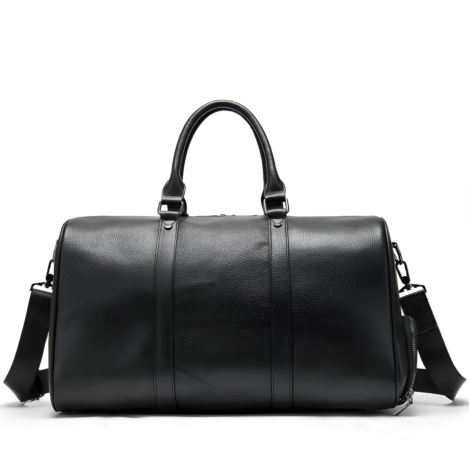 Men's black leather tote bag with single strap showing 44cm length measurement