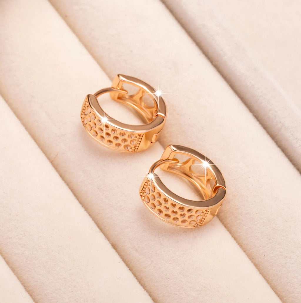 Rose gold electroplated women's earrings with hollowed-out heart design inside circular frame