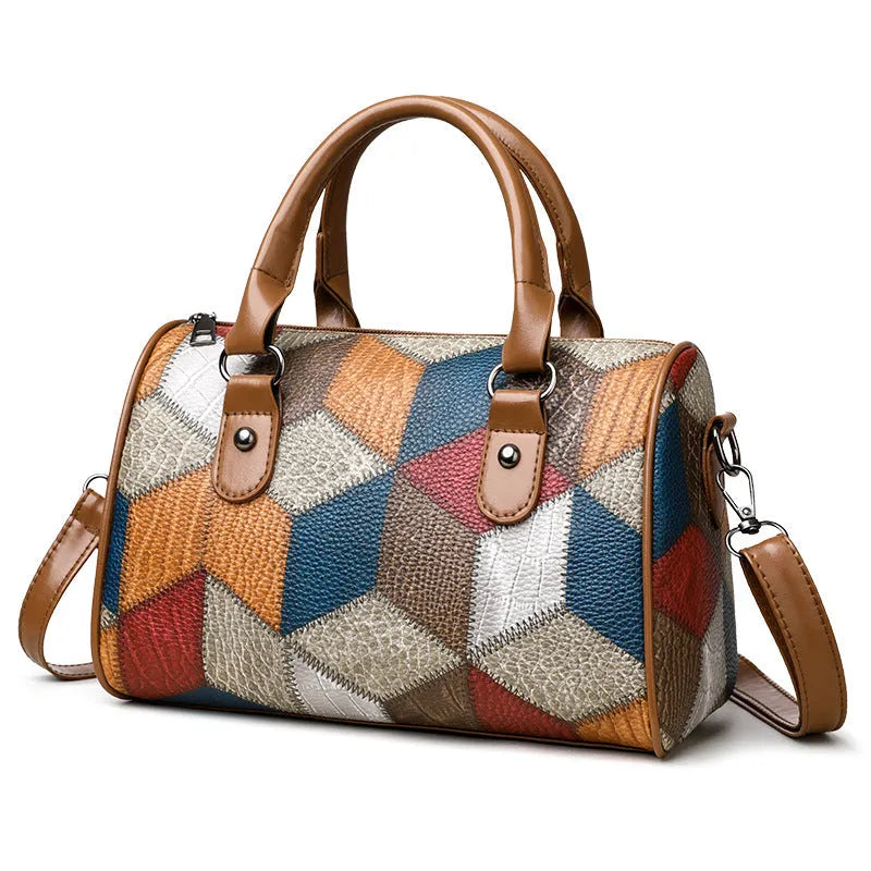Cylinder crossbody shoulder bag in black or brown PU with plaid geometric pattern and single strap