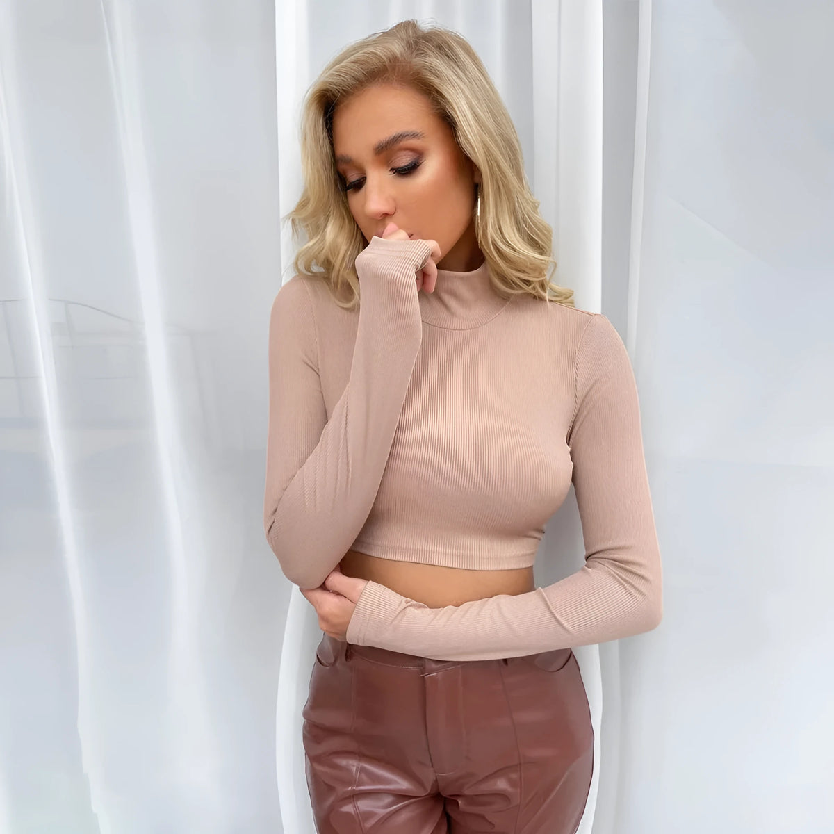 Backless slim-fit high-neck long-sleeved top in black or pink orange, polyester, sizes S-XL