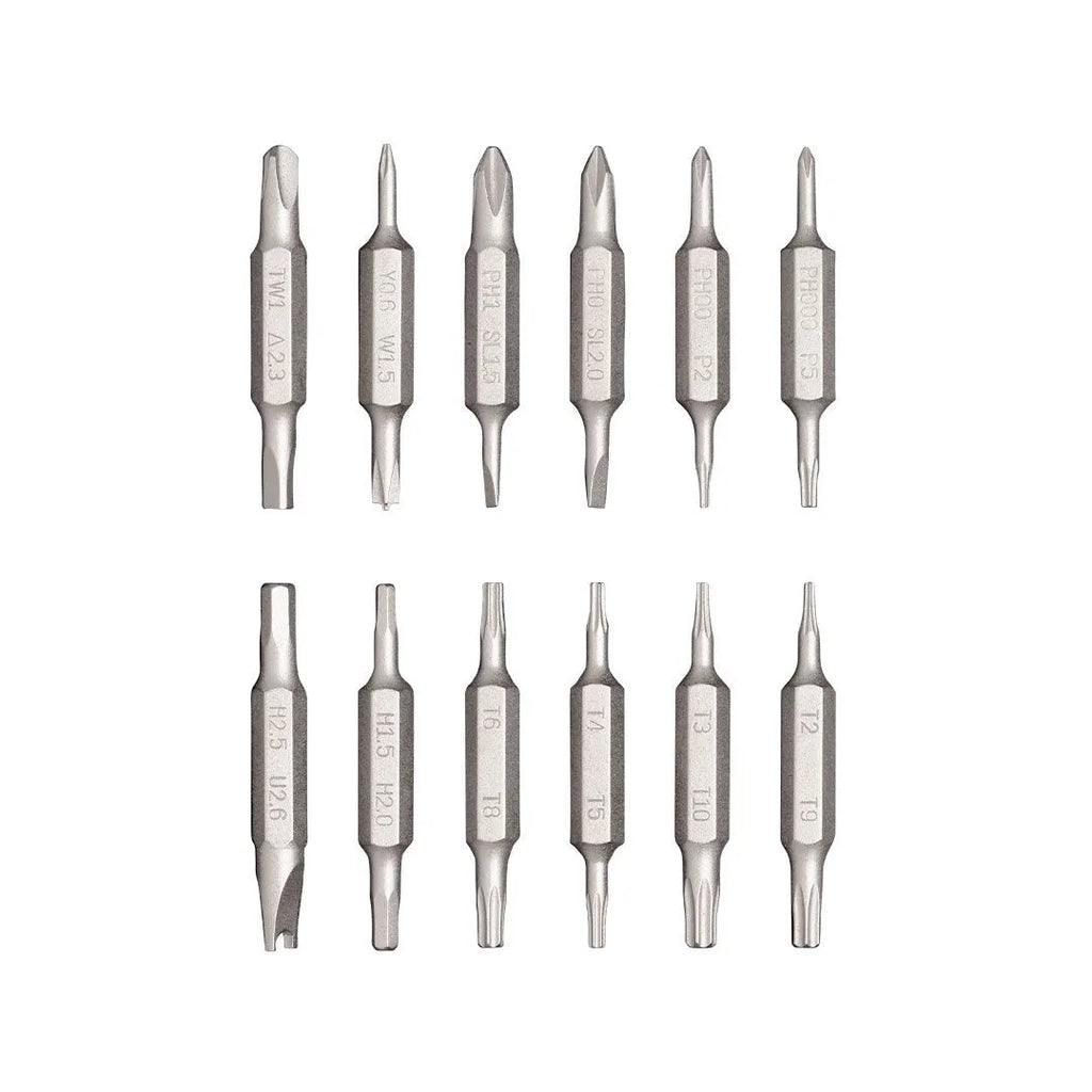 24-in-1 electronics repair screwdriver set with aluminium handle in black, grey, or red, showing magnetic bit storage.