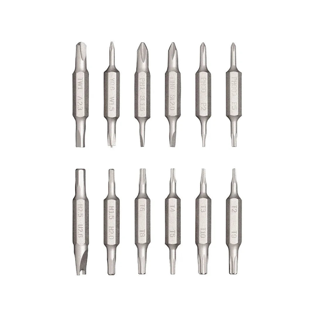 24-in-1 electronics repair screwdriver set with aluminium handle in black, grey, or red, showing magnetic bit storage.