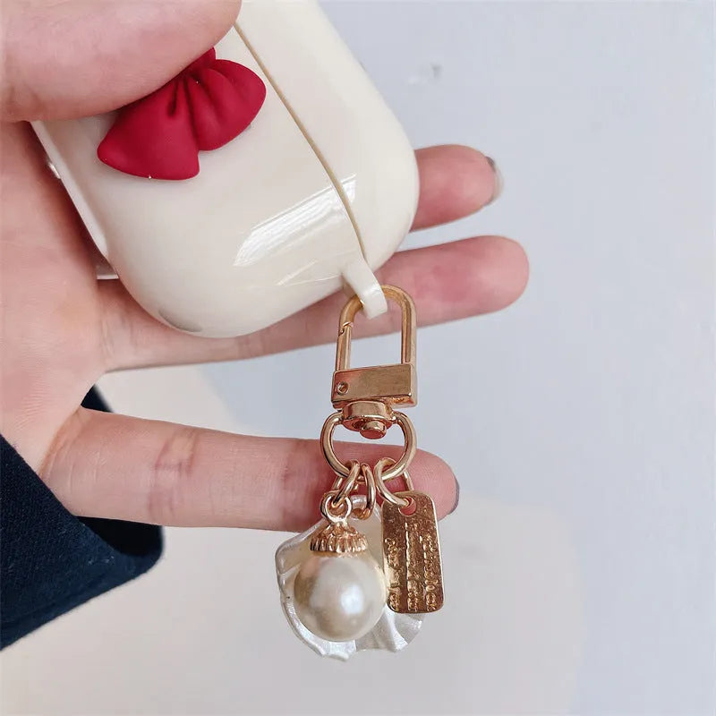 Beige red bow shell silicone protective case for AirPods Pro wireless earphones