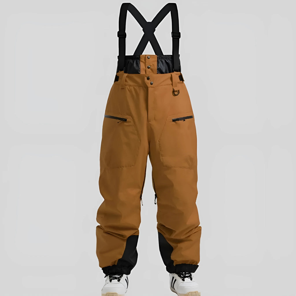 Men's black waterproof ski trousers with strap detail, made from flame-retardant linen fabric.