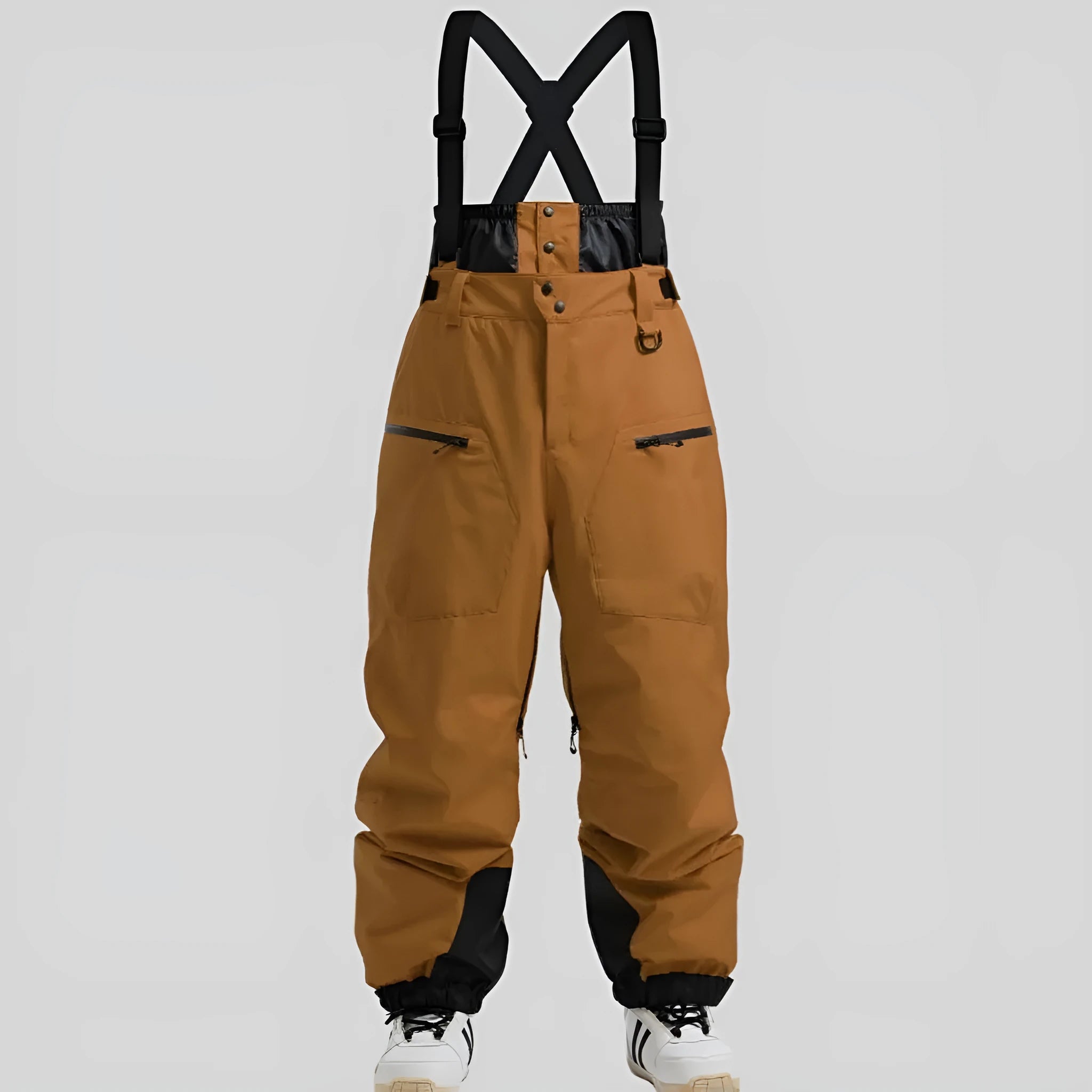 Men's black waterproof ski trousers with strap detail, made from flame-retardant linen fabric.