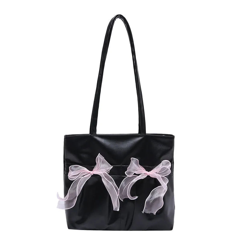 College style bow tote bag with double shoulder straps and large capacity interior