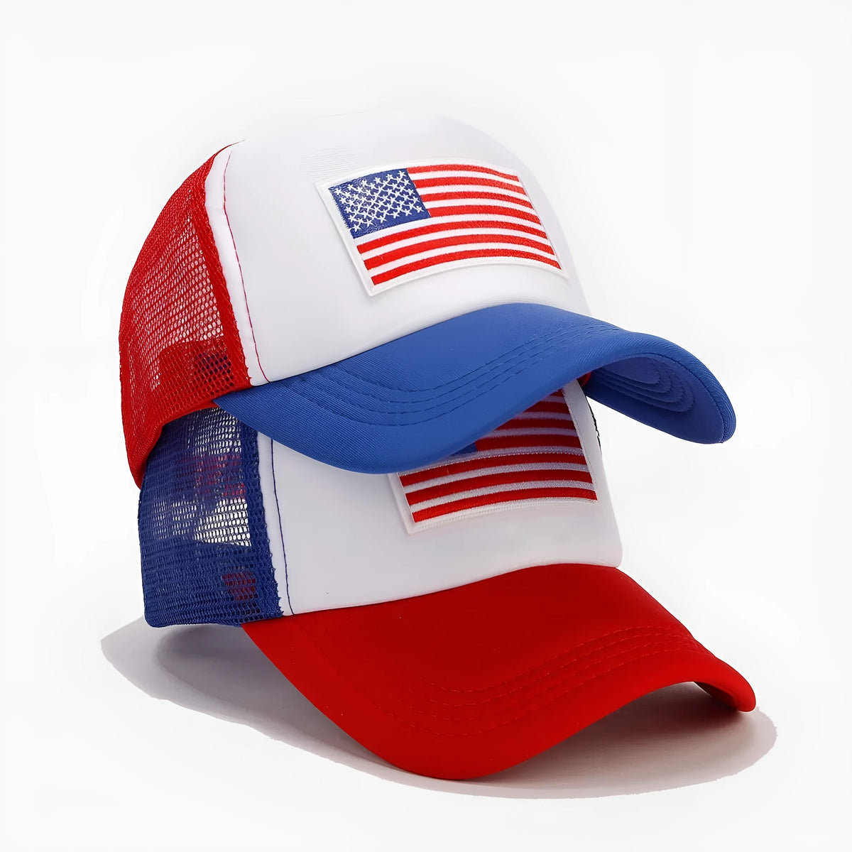 Red and blue mesh cotton baseball cap with dome crown and adjustable size