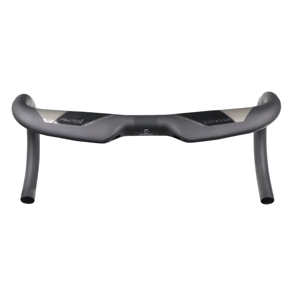 Matt black carbon fibre road bike drop handlebar shown from above.