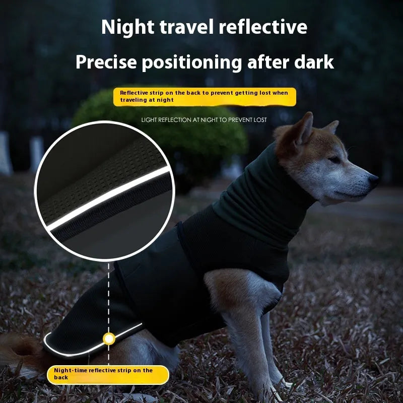 Army green dog anti-anxiety jacket providing calming compression for pet stress relief.