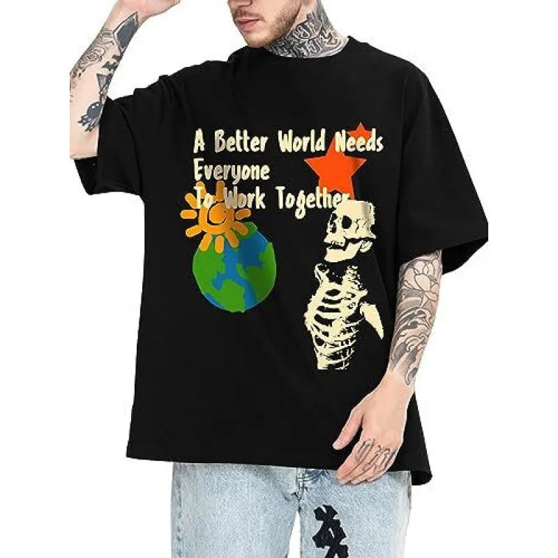 Men's printed street-style short-sleeve sports T-shirt on a hanger, showing digital print design.