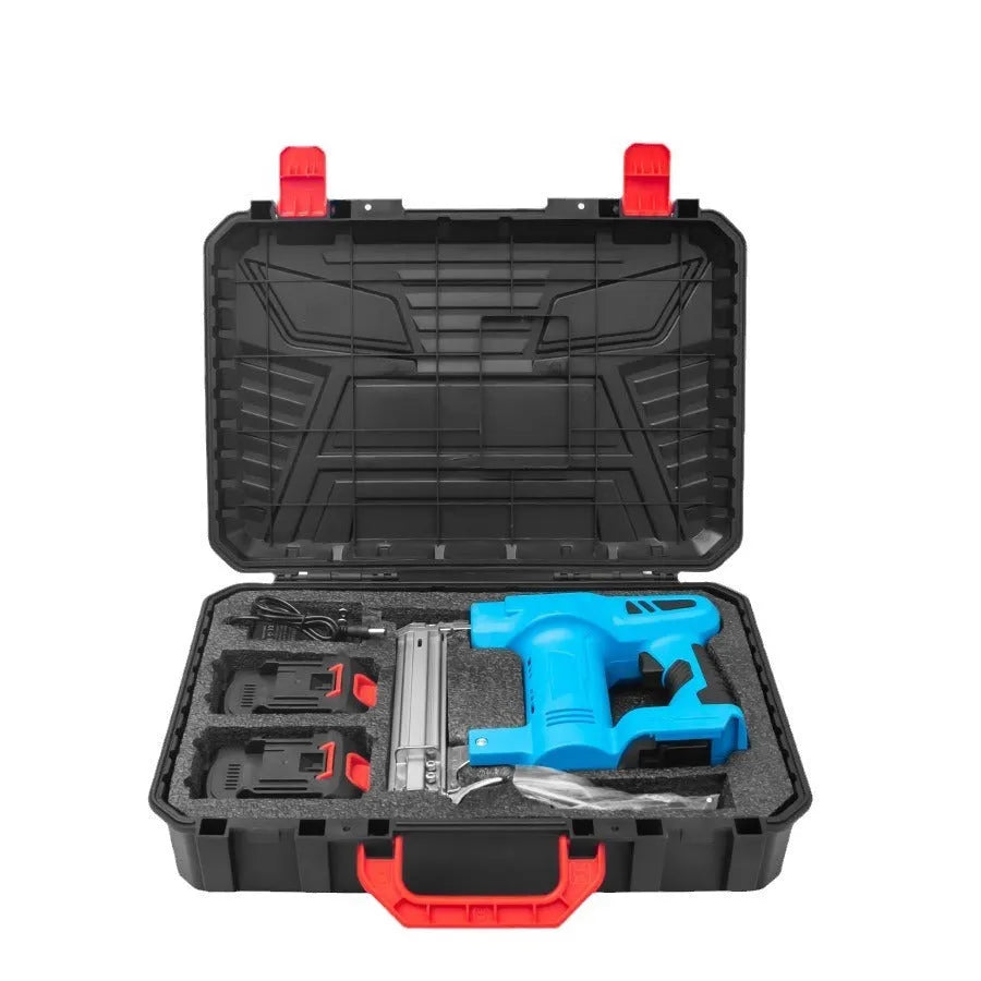 Blue wireless lithium battery pneumatic straight nail gun for decoration and carpentry with two batteries and one charger