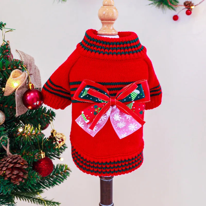 Red and green dog Christmas jumpers showing weight-based sizing from XS to XL for holiday pet wear