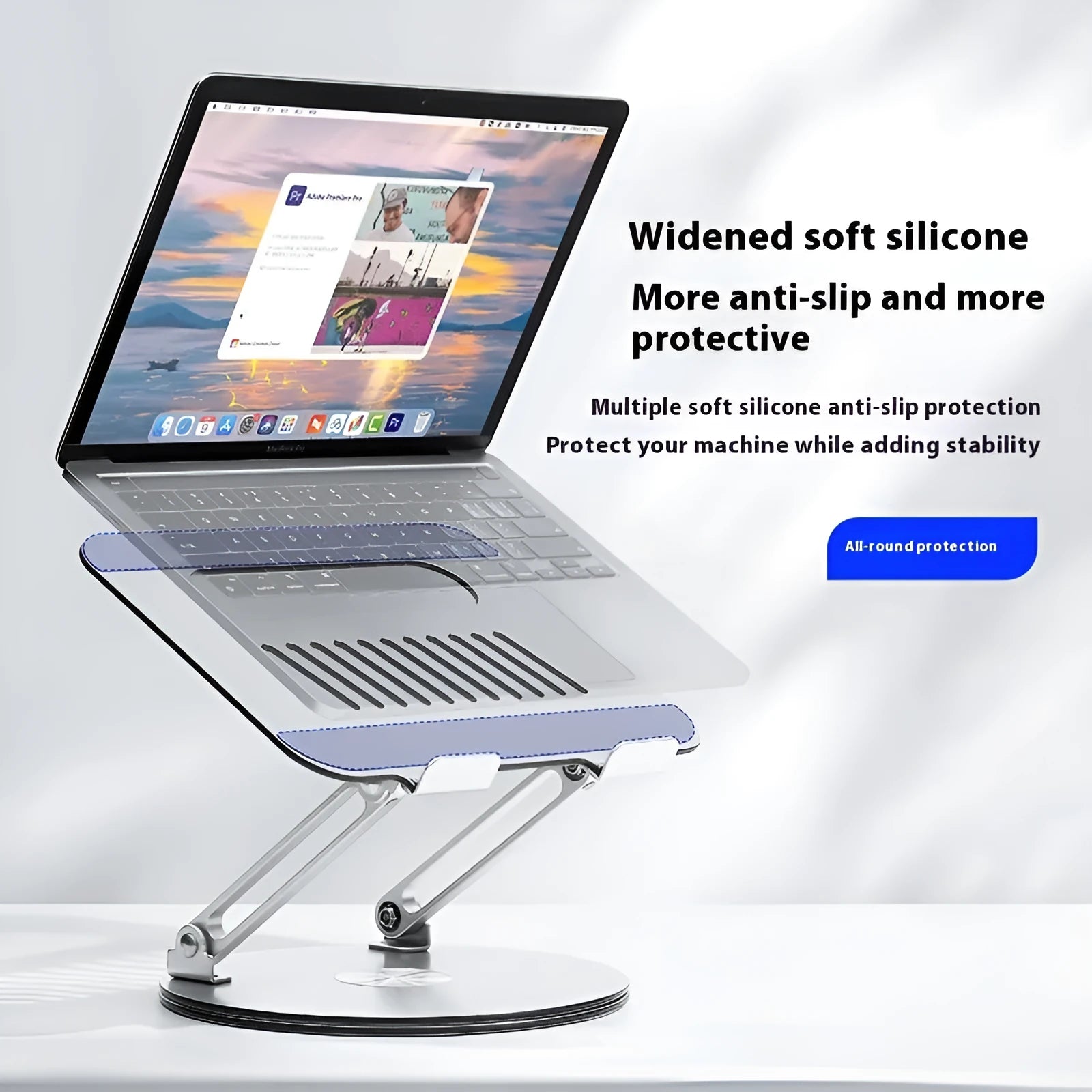 Silver aluminium alloy laptop stand with rotatable mechanism and foldable design
