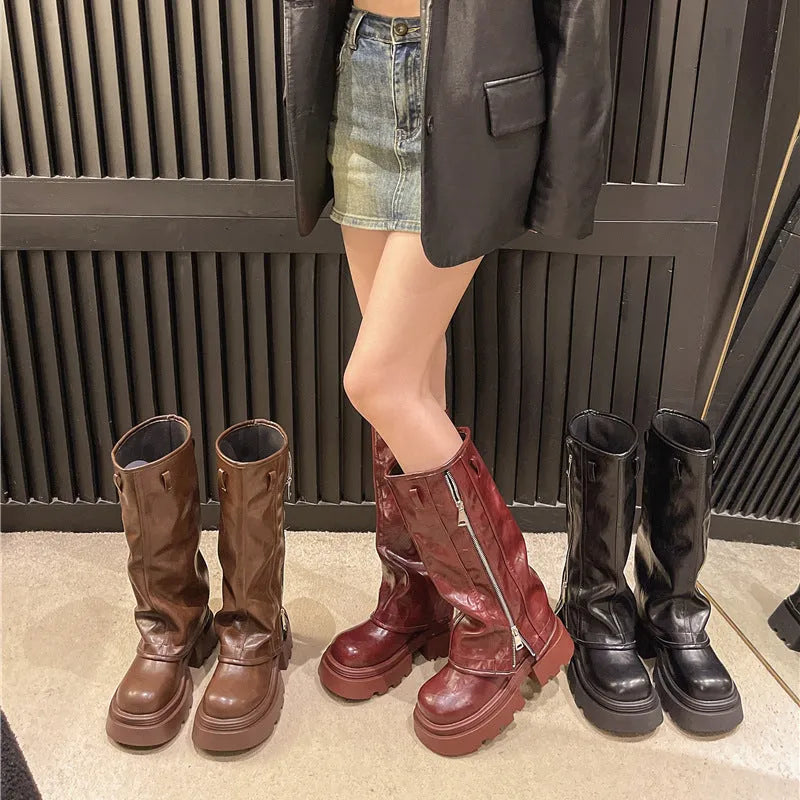Women's black platform muffin pants Martin boots with high cylinder design and square heel