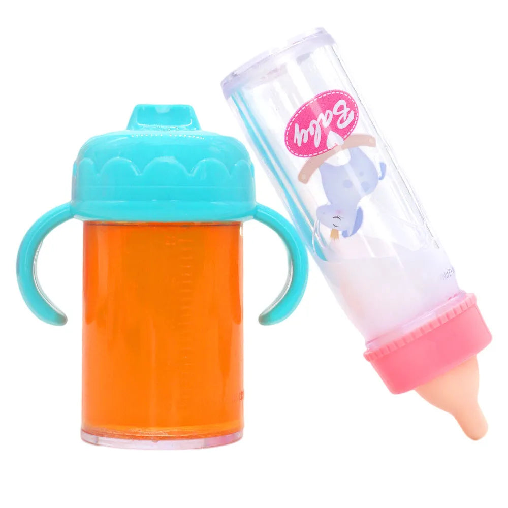 Magic bottle nipple doll toy accessory set in plastic for 14-18 inch dolls, available in pony pink or bear blue combination.