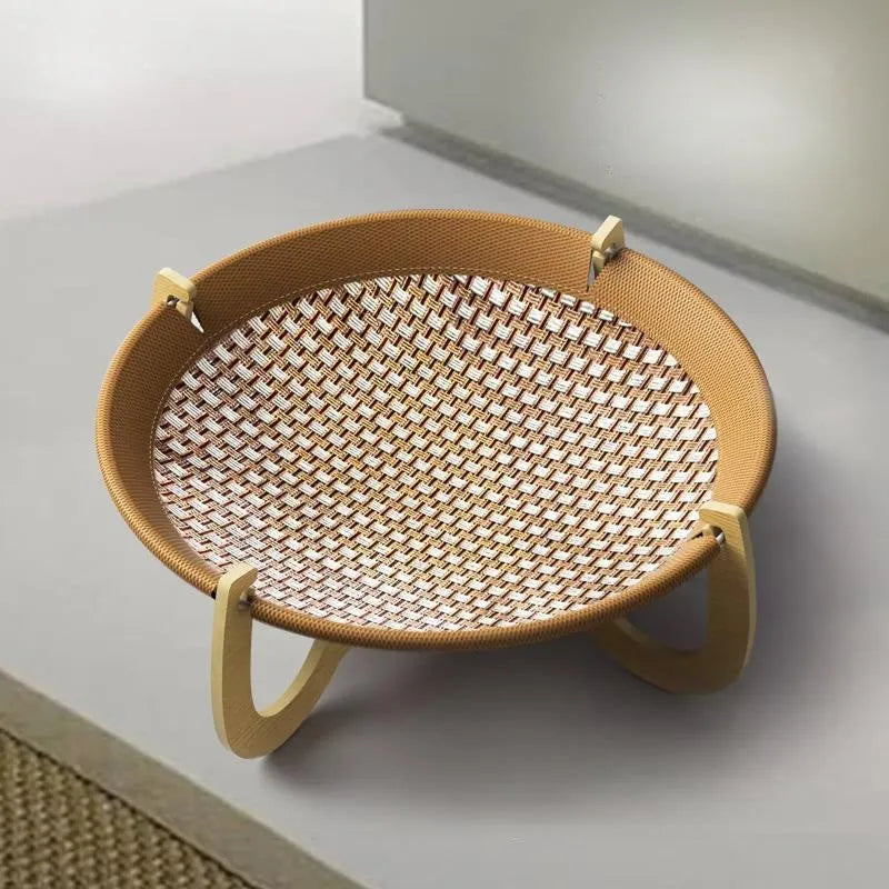 Brown woven rattan pet bed measuring 46x46cm with 17.5cm raised platform for cats and dogs