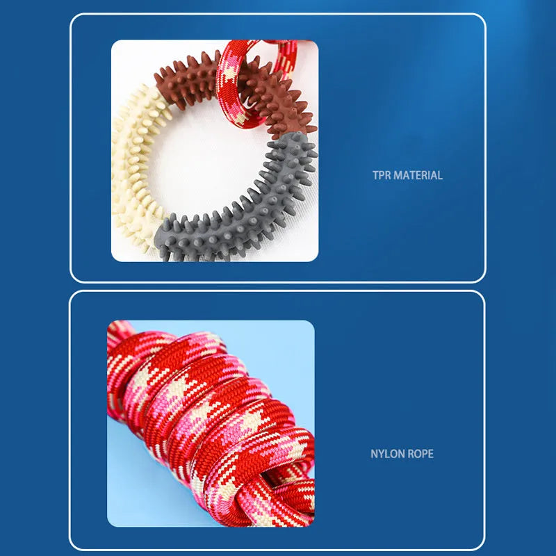 Blue braided rope dog toy with a central knot, shown next to a red and rose red version.