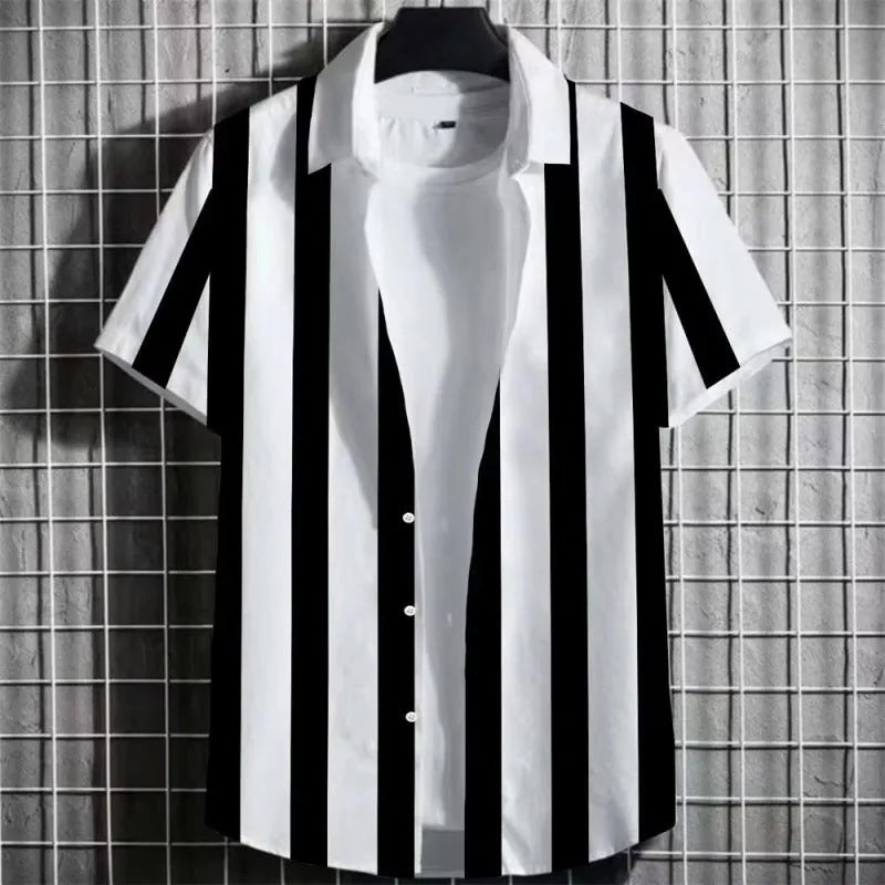 Men's linen t-shirt with 3D printed striped pattern in simple colours, showing short sleeve design