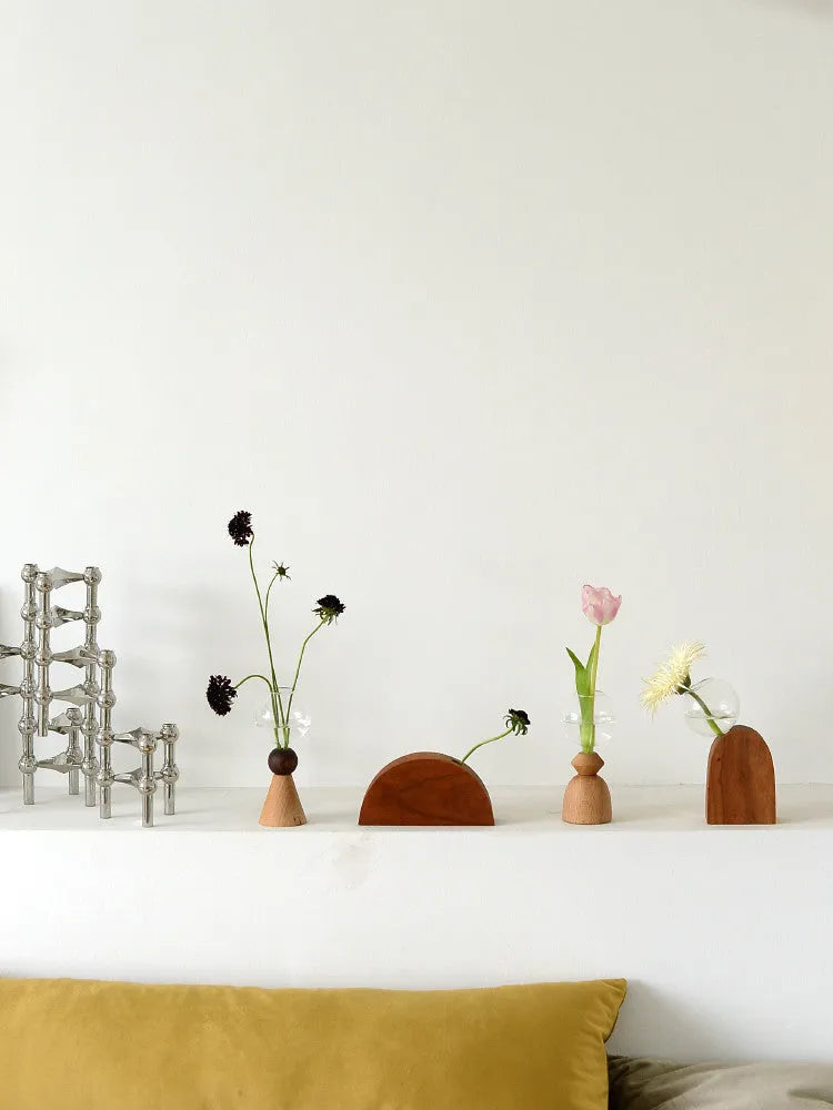 Wooden base geometric bubble vase with glass body, conical bottom, Nordic style home decor