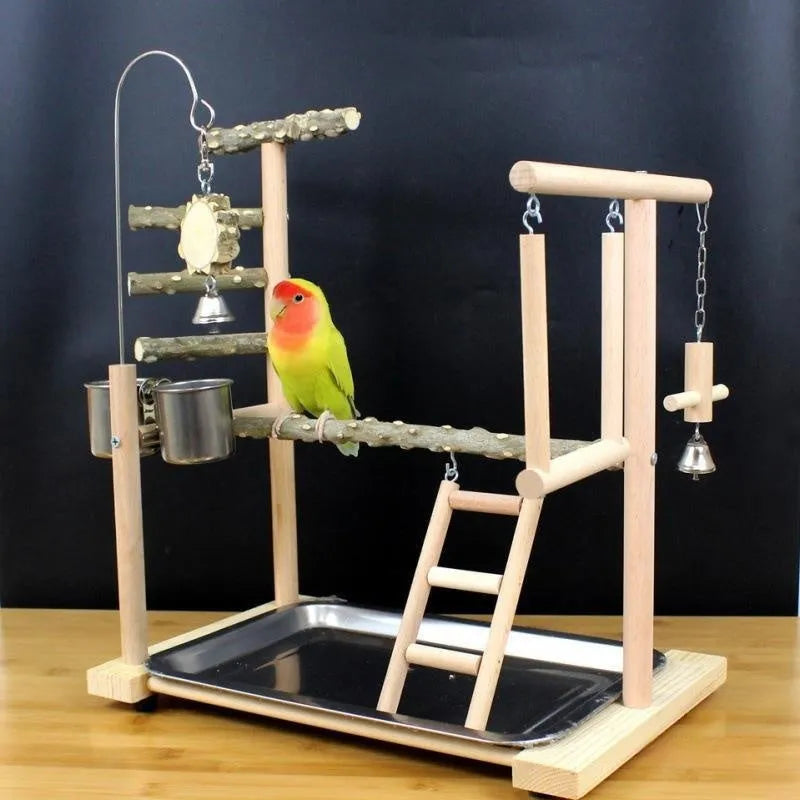 Parrot play stand with Pepper Wood pole and multiple metal platforms.