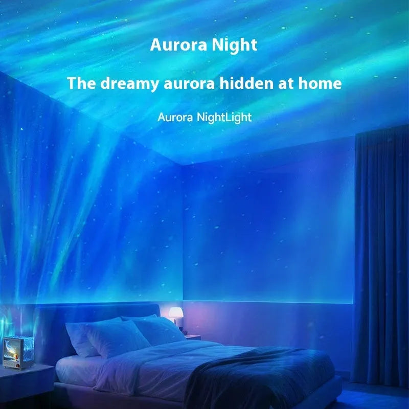 Aurora Treasure Box atmosphere projection lamp with Bluetooth speaker showing Star Sea Whale light theme