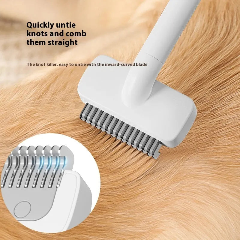 White and grey pet hair unknotting comb for dogs and cats, ABS and stainless steel, 3.3cm x 6.6cm x 18.7cm