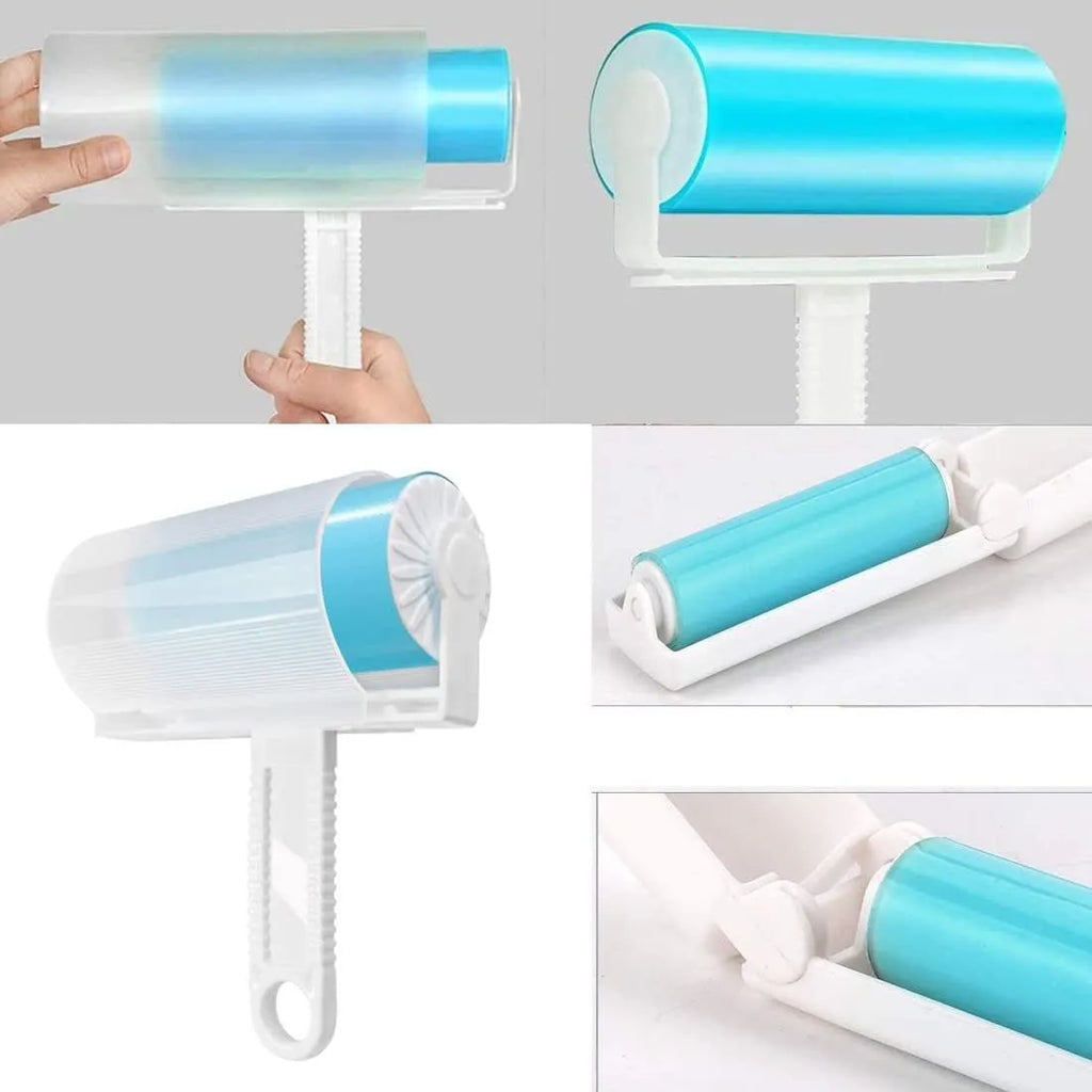 Blue washable reusable lint roller with protective cover for removing pet hair