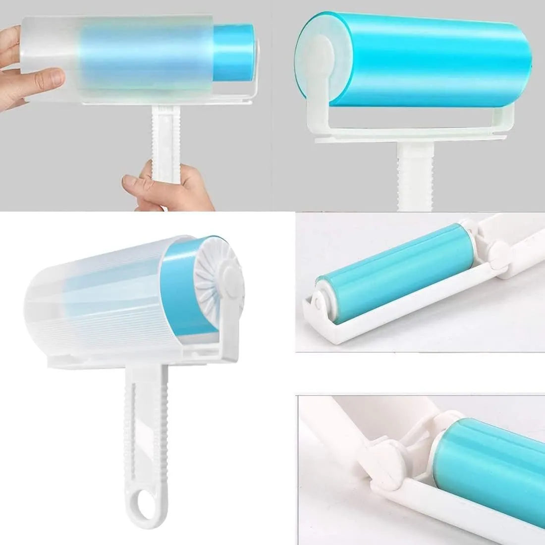 Blue washable reusable lint roller with protective cover for removing pet hair