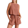 Women's two-piece summer set with sleeveless top and drawstring shorts in rayon linen blend available in multiple solid colours