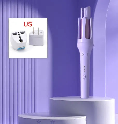 32mm automatic hair curler in white purple colour with wired power cord and plug adapter