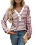 Women's V-neck casual pullover top with patchwork detailing in imitation cotton polyester fabric