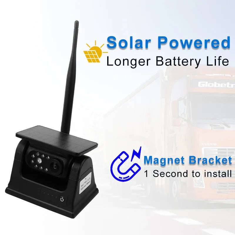 Solar-powered wireless car reversing camera with magnetic base, showing aluminum alloy housing and wide-angle lens.