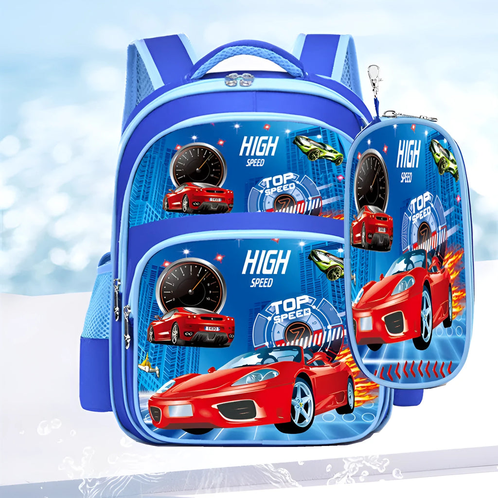 Blue anime cartoon printed backpack with pencil case for school children