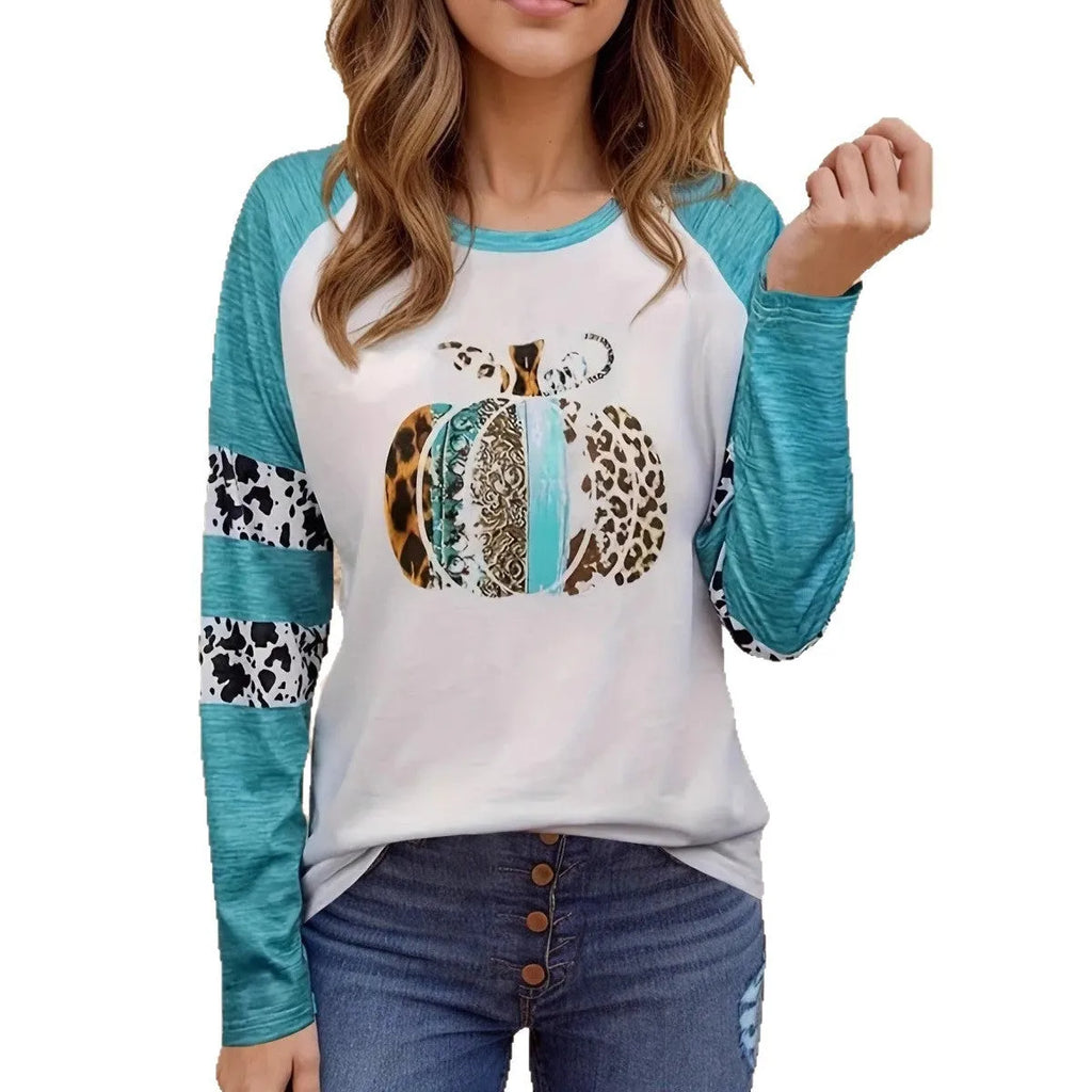 White polyester t-shirt with sky blue Halloween pumpkin digital print, long sleeves, regular fit