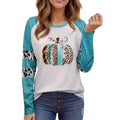 White polyester t-shirt with sky blue Halloween pumpkin digital print, long sleeves, regular fit