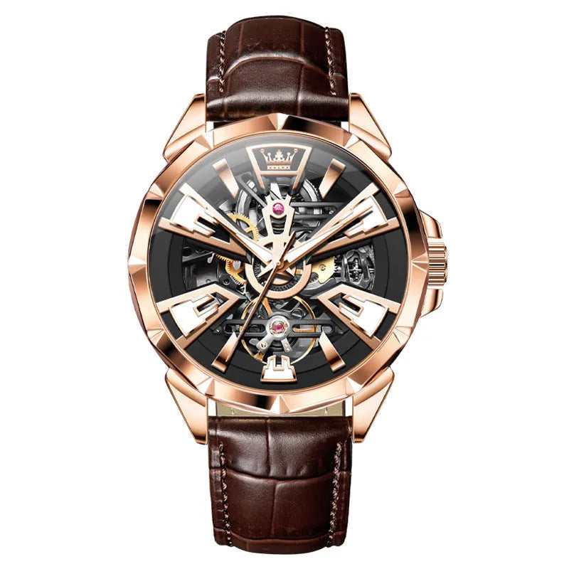 Men's automatic mechanical skeleton watch with 44mm barrel-shaped case and leather strap