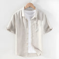 Men's linen short sleeve shirt with a square collar in raw jute colour