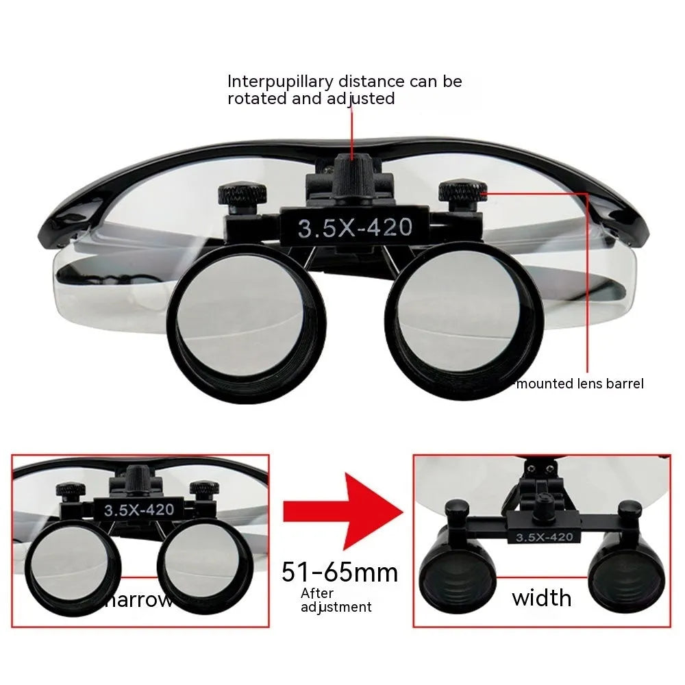 Black plastic head-mounted LED magnifying glass with 3.5X lens on an adjustable headband.