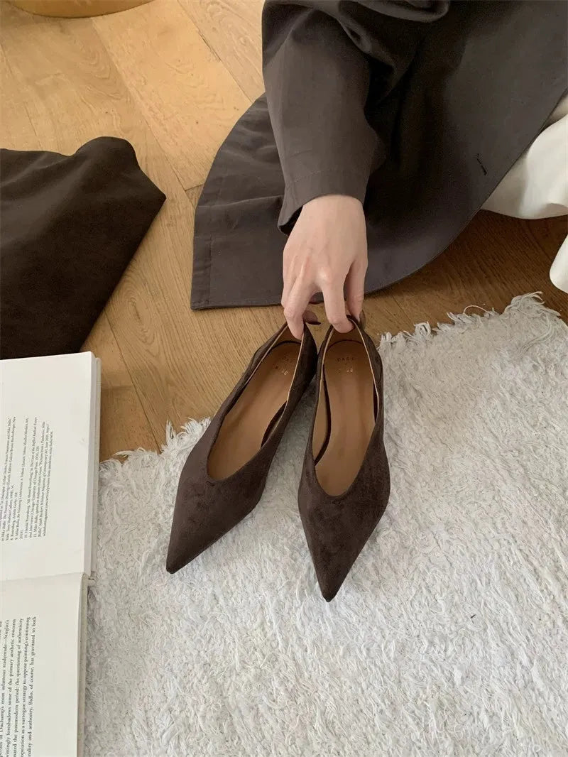 Wedge suede pointed toe pumps in black, brown, coffee or yellow, flat heel, square toe, sizes 35-40