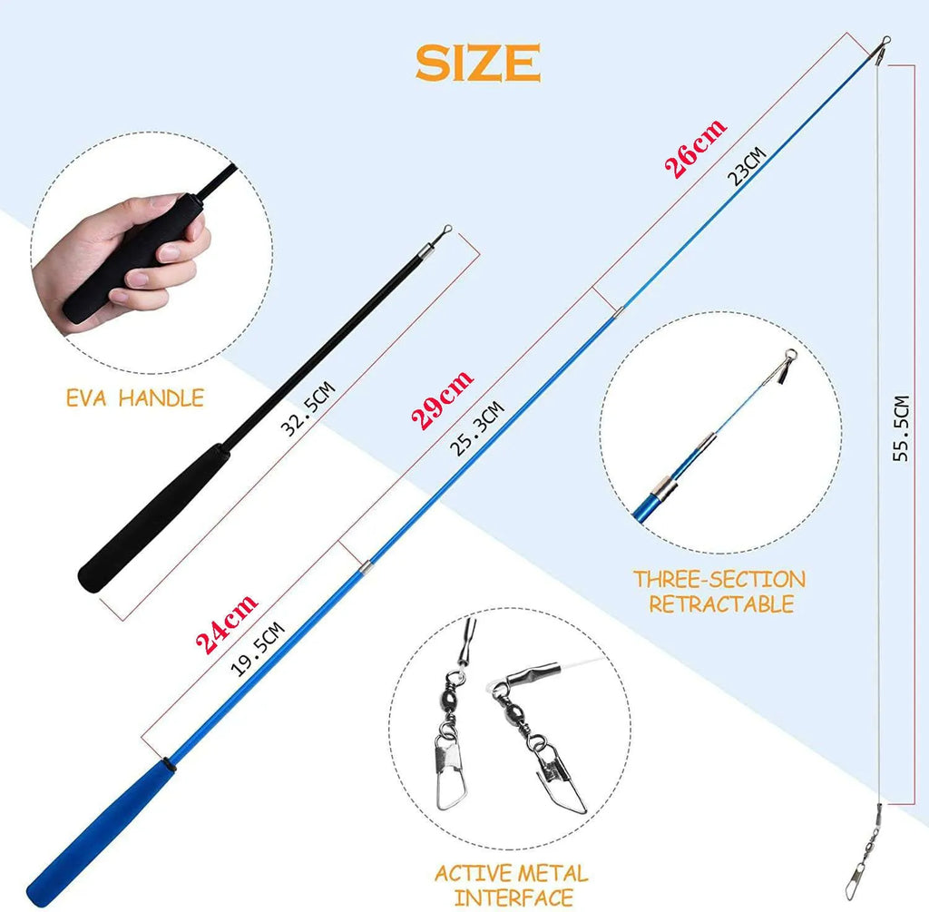 Cat teasing pole set showing two collapsible fishing rod toys with feather attachments and a pack of ten spare heads.
